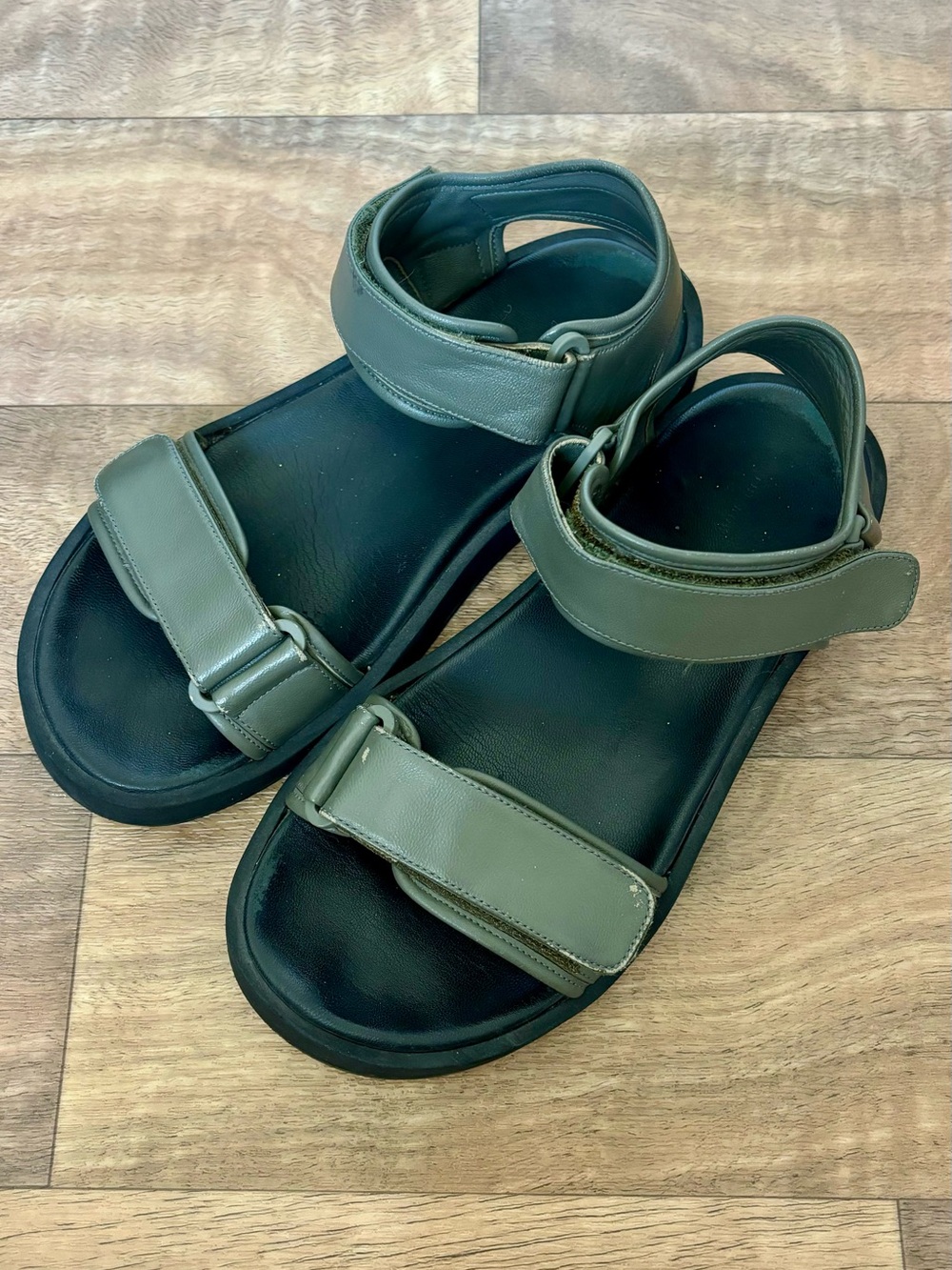 The Row Olive Green Leather Strap Sandals